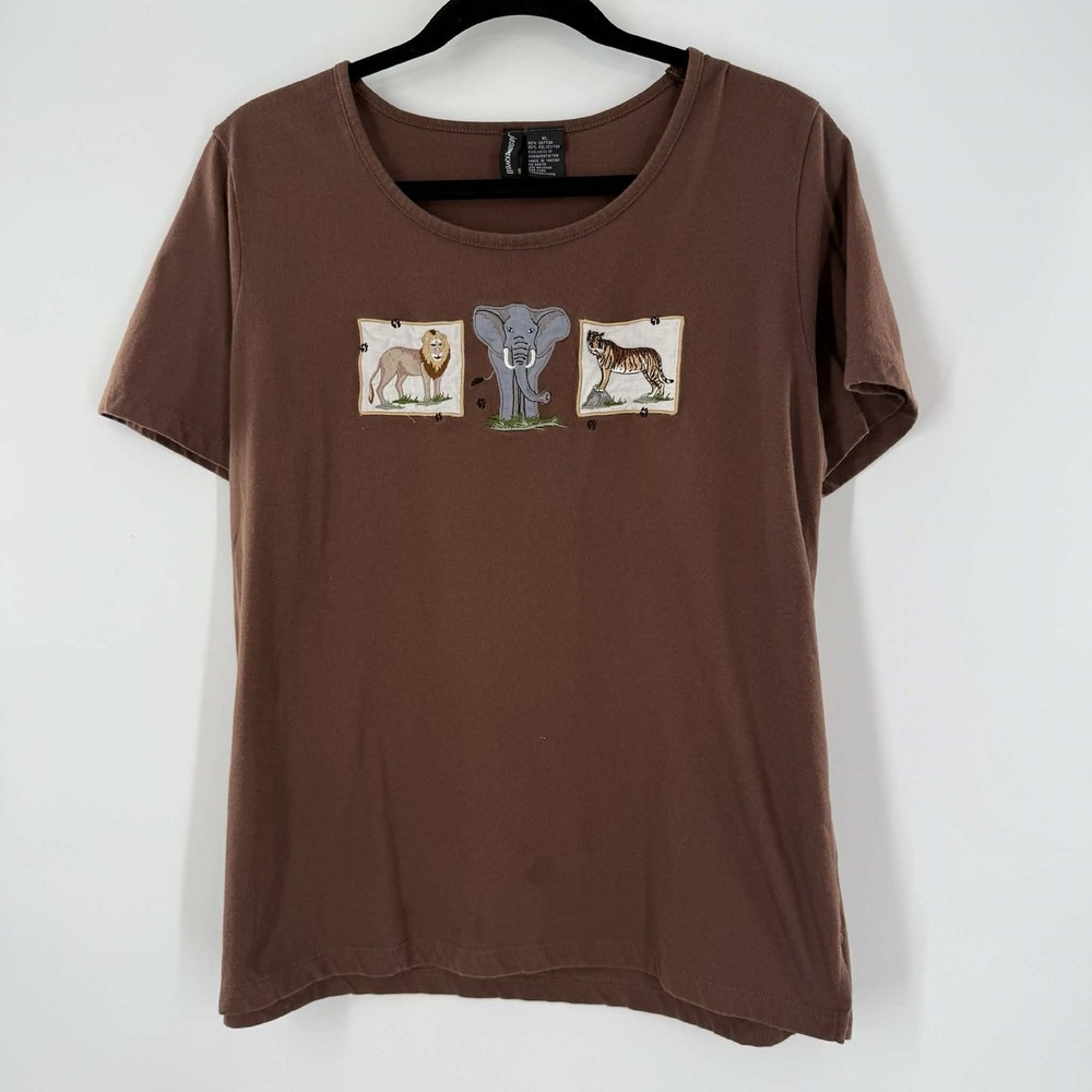 VTG Jason Maxwell Safari Animal Embroidery Brown Short Sleeve T-Shirt XL TBT